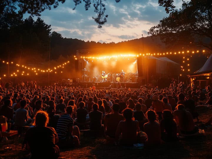nighttime folk concert at the fête de la bretagne, with musicians playing breton music on traditional instruments. stage lit with soft amber lights, crowd enjoying the show under a starlit sky.