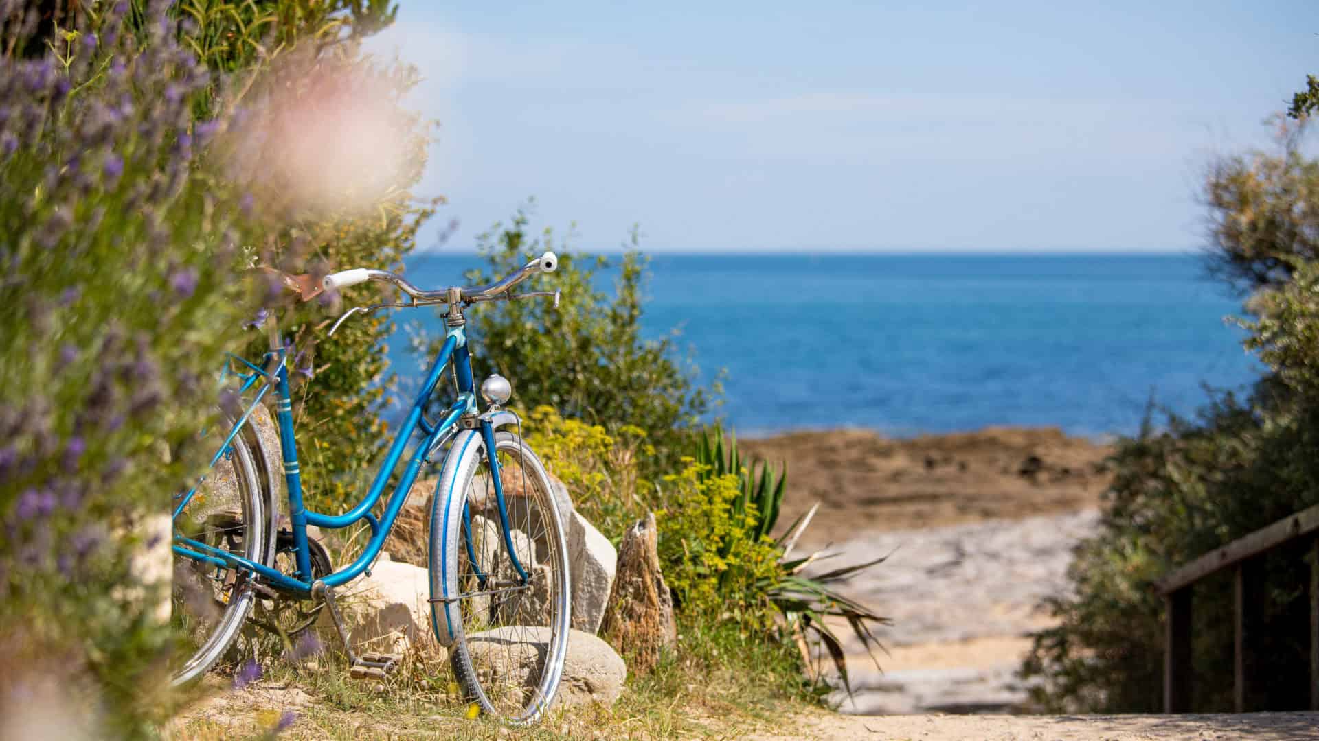 vieux vélo bleu au bord de la mer sur le littoral breton, bretagne, france.